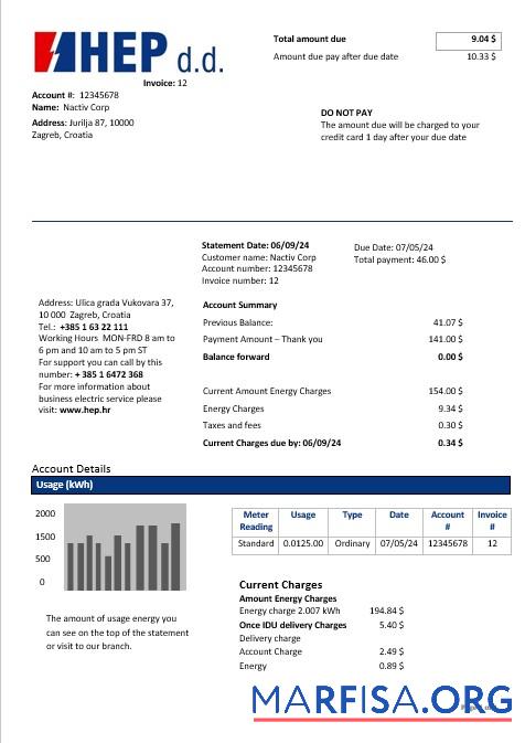 Printable Croatia Hrvatska Elektroprivreda electricity business utility bill inword and pdf formats(2) template